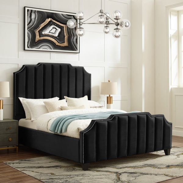 Homeroots Black Solid Wood Queen Tufted Upholstered Velvet Bed With Nailhead Trim Black Velvet 544916