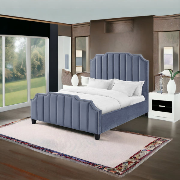 Homeroots Sky Blue Solid Wood King Tufted Upholstered Velvet Bed With Nailhead Trim Sky Blue Velvet 544917