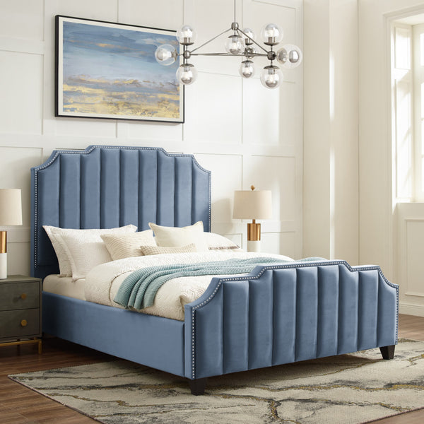 Homeroots Sky Blue Solid Wood King Tufted Upholstered Velvet Bed With Nailhead Trim Sky Blue Velvet 544917