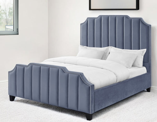 Homeroots Sky Blue Solid Wood Queen Tufted Upholstered Velvet Bed With Nailhead Trim Sky Blue Velvet 544918