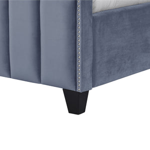 Homeroots Sky Blue Solid Wood Queen Tufted Upholstered Velvet Bed With Nailhead Trim Sky Blue Velvet 544918