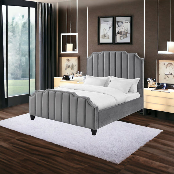 Homeroots Gray Solid Wood King Tufted Upholstered Velvet Bed With Nailhead Trim Grey Velvet 544919