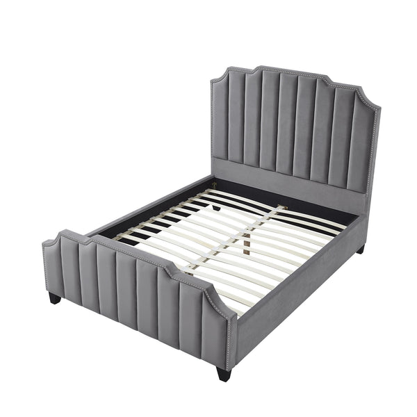 Homeroots Gray Solid Wood Queen Tufted Upholstered Velvet Bed With Nailhead Trim Grey Velvet 544920