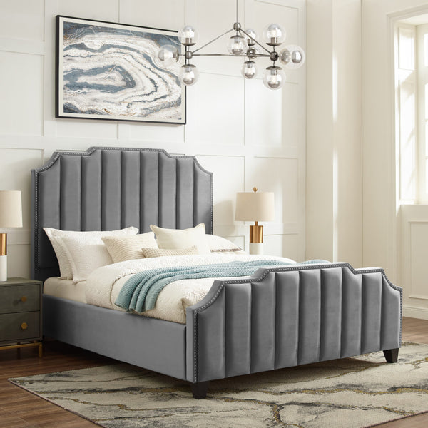 Homeroots Gray Solid Wood Queen Tufted Upholstered Velvet Bed With Nailhead Trim Grey Velvet 544920