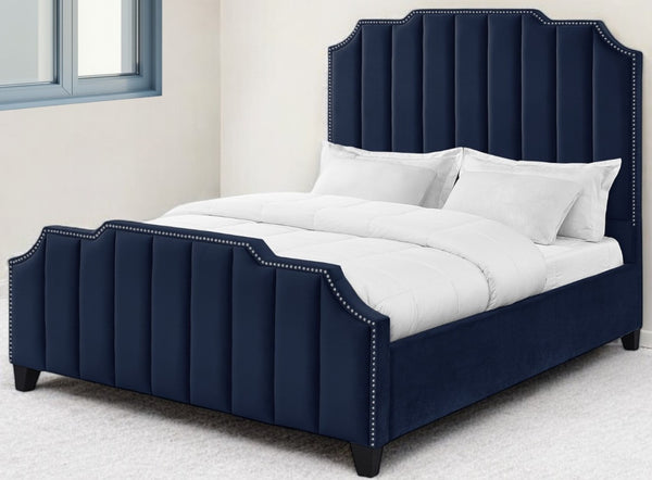 Homeroots Navy Blue Solid Wood King Tufted Upholstered Velvet Bed With Nailhead Trim Navy Velvet 544921