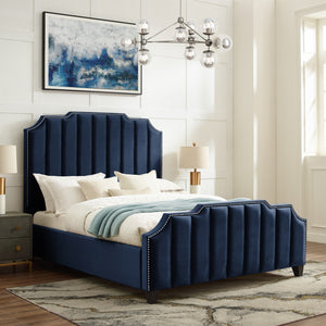 Homeroots Navy Blue Solid Wood King Tufted Upholstered Velvet Bed With Nailhead Trim Navy Velvet 544921