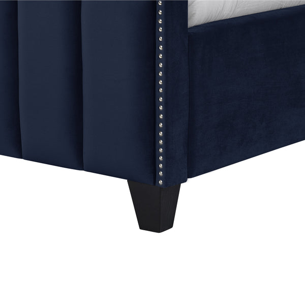 Homeroots Navy Blue Solid Wood King Tufted Upholstered Velvet Bed With Nailhead Trim Navy Velvet 544921