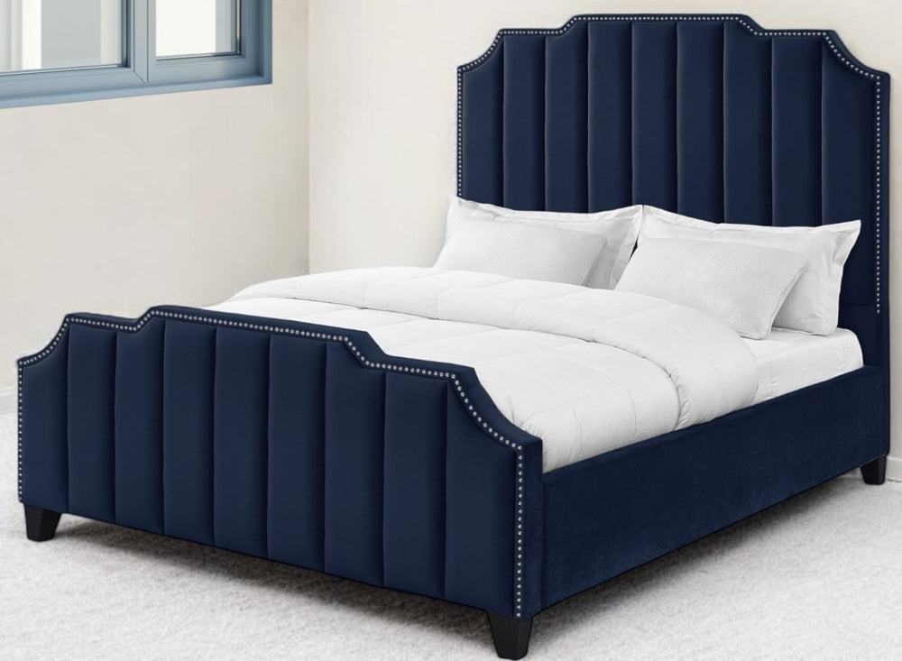 HomeRoots Black King Velvet Bed Frame with Solid Wood Construction, Button-Tufted Design, and Nailhead Trim Navy 544922