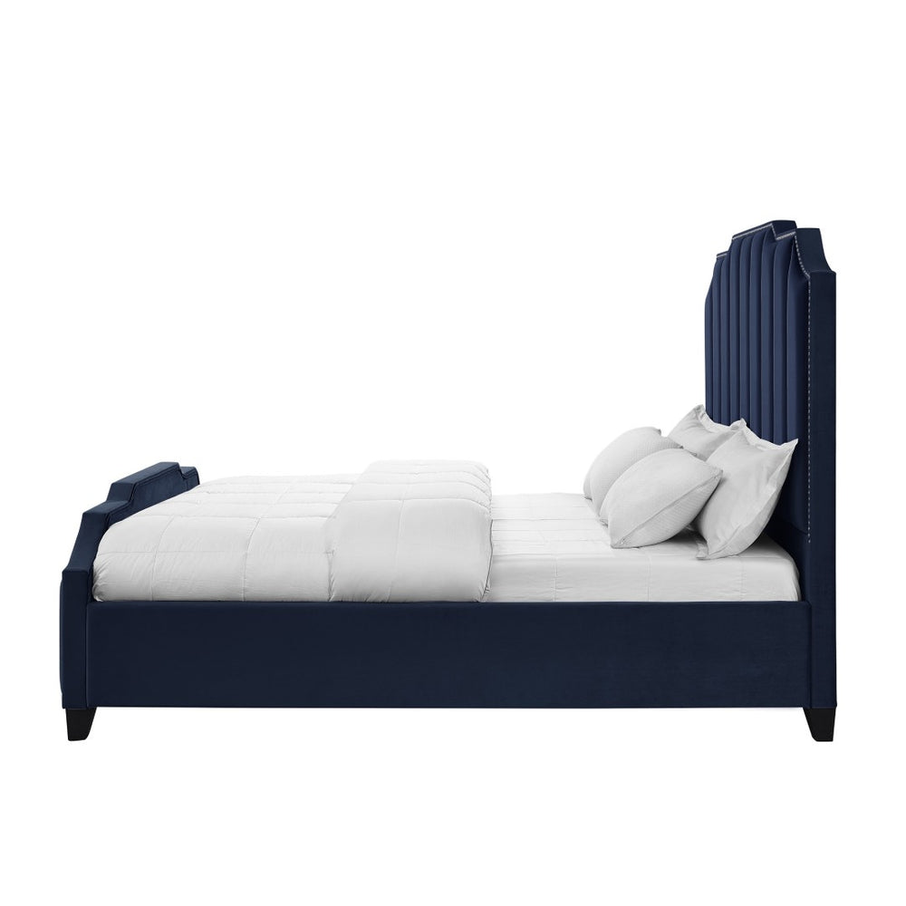 HomeRoots Black King Velvet Bed Frame with Solid Wood Construction, Button-Tufted Design, and Nailhead Trim Navy 544922