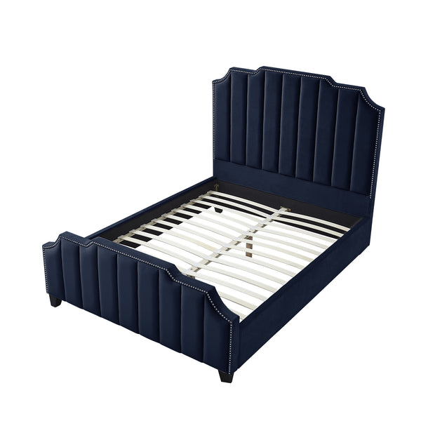 Homeroots Navy Blue Solid Wood Queen Tufted Upholstered Velvet Bed With Nailhead Trim Navy Velvet 544922