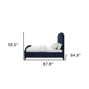 Homeroots Navy Blue Solid Wood Queen Tufted Upholstered Velvet Bed With Nailhead Trim Navy Velvet 544922