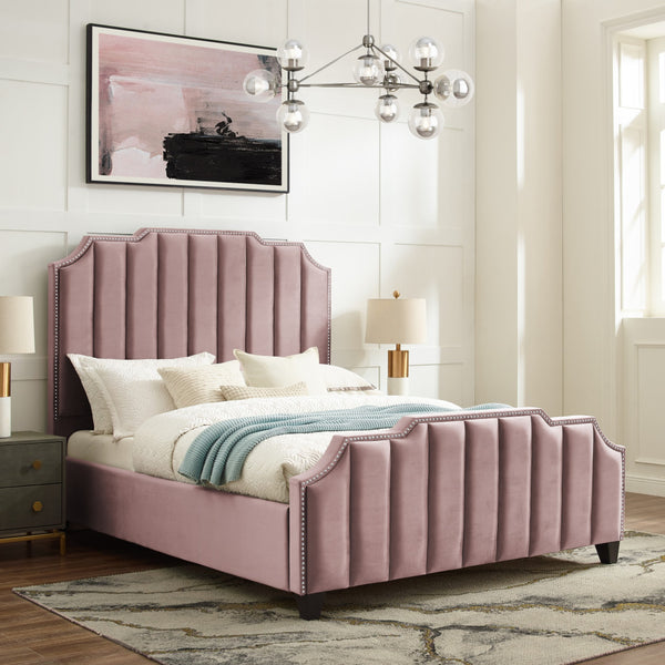 Homeroots Pink Solid Wood Queen Tufted Upholstered Velvet Bed With Nailhead Trim Pink Velvet 544924