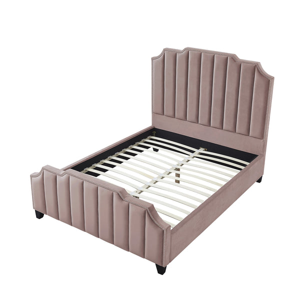 Homeroots Pink Solid Wood Queen Tufted Upholstered Velvet Bed With Nailhead Trim Pink Velvet 544924