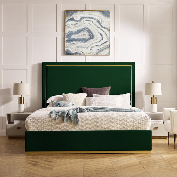 Homeroots Hunter Green Solid Wood Queen Upholstered Velvet Bed Hunter Green Velvet 544925