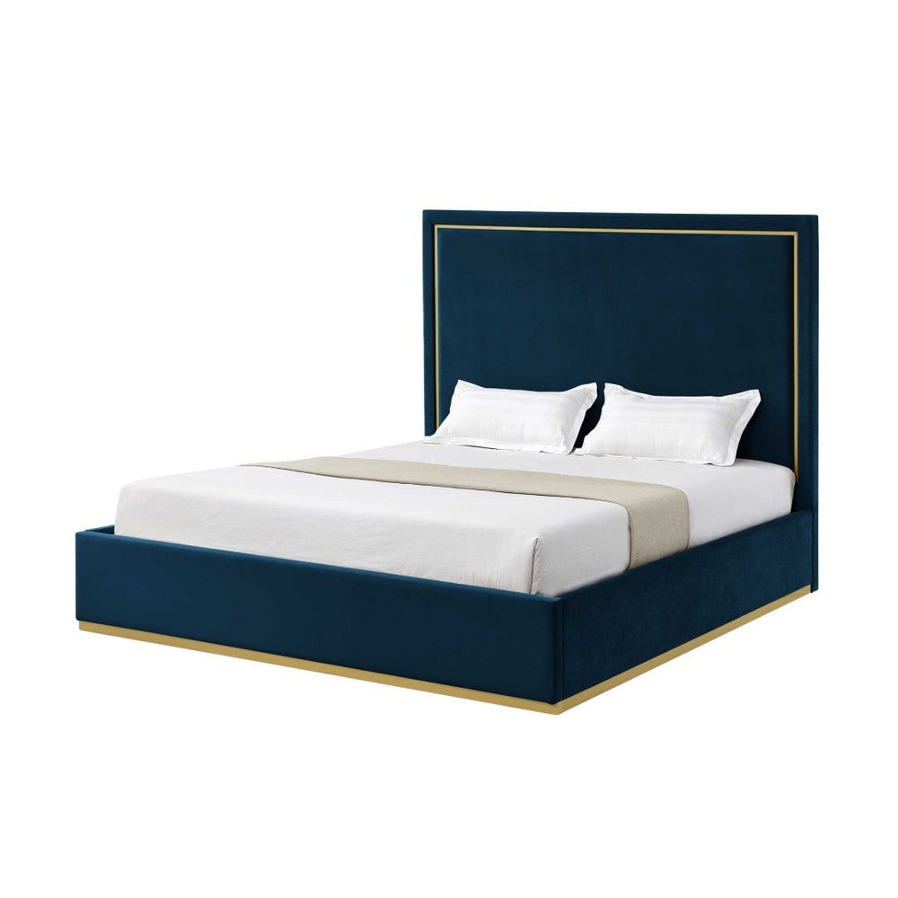 HomeRoots Beige Solid Wood King Velvet Bed - Modern Upholstered Design for Luxurious Comfort and Durability Navy 544926
