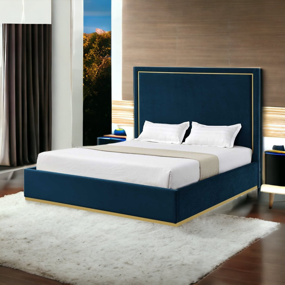 HomeRoots Beige Solid Wood King Velvet Bed - Modern Upholstered Design for Luxurious Comfort and Durability Navy 544926