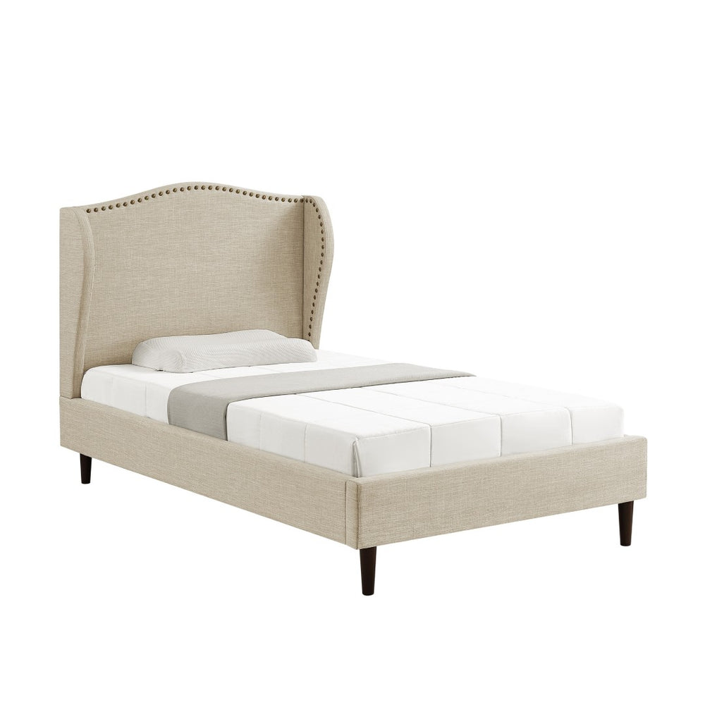HomeRoots Beige Linen Upholstered Full Bed Frame - Rustic Charm with Nailhead Trim & Platform Design Support 544942