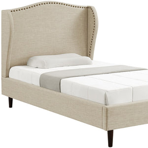 HomeRoots Beige Linen Upholstered Full Bed Frame - Rustic Charm with Nailhead Trim & Platform Design Support 544942