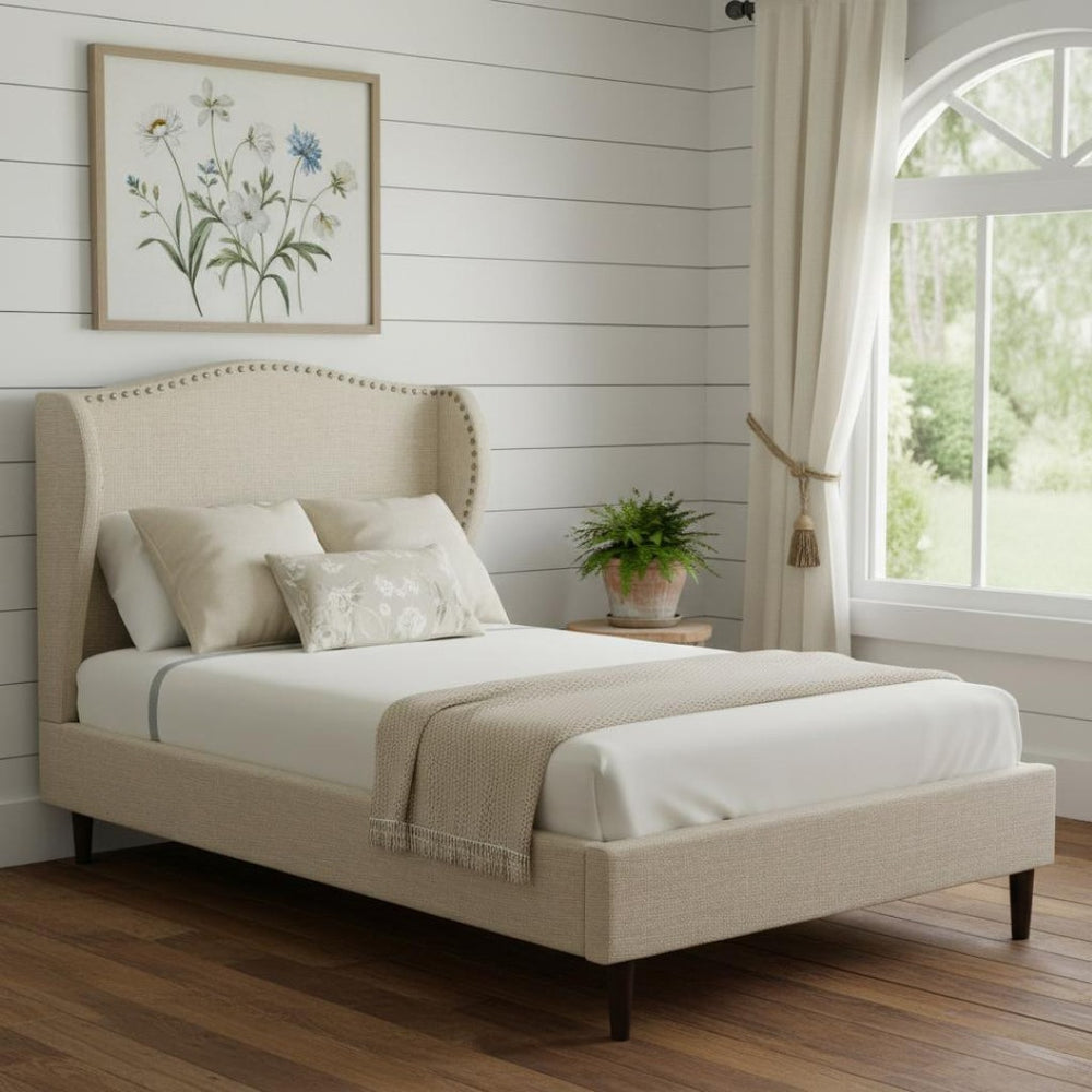 HomeRoots Beige Linen Upholstered Full Bed Frame - Rustic Charm with Nailhead Trim & Platform Design Support 544942