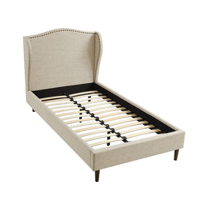 HomeRoots Beige Linen Upholstered Full Bed Frame - Rustic Charm with Nailhead Trim & Platform Design Support 544942