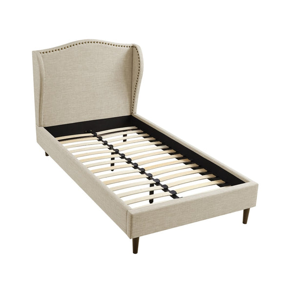 HomeRoots Beige Linen Upholstered Full Bed Frame - Rustic Charm with Nailhead Trim & Platform Design Support 544942
