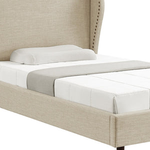 HomeRoots Beige Linen Upholstered Full Bed Frame - Rustic Charm with Nailhead Trim & Platform Design Support 544942