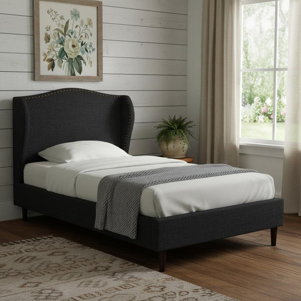 HomeRoots Charcoal Linen Upholstered Full Bed Frame - Cozy Nailhead Trim, Durable Eucalyptus, Stylish Design 544943