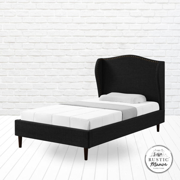 HomeRoots Charcoal Linen Upholstered Full Bed Frame - Cozy Nailhead Trim, Durable Eucalyptus, Stylish Design 544943