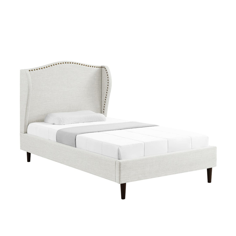 HomeRoots Cream Linen Upholstered Full Bed Frame with Elegant Nailhead Trim - Stylish Comfort & Durability 544944