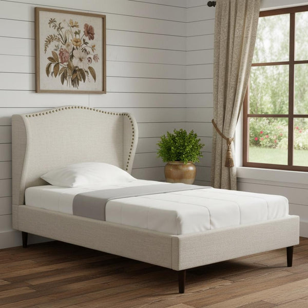 HomeRoots Cream Linen Upholstered Full Bed Frame with Elegant Nailhead Trim - Stylish Comfort & Durability 544944