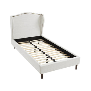 HomeRoots Cream Linen Upholstered Full Bed Frame with Elegant Nailhead Trim - Stylish Comfort & Durability 544944