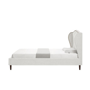 HomeRoots Cream Linen Upholstered Full Bed Frame with Elegant Nailhead Trim - Stylish Comfort & Durability 544944
