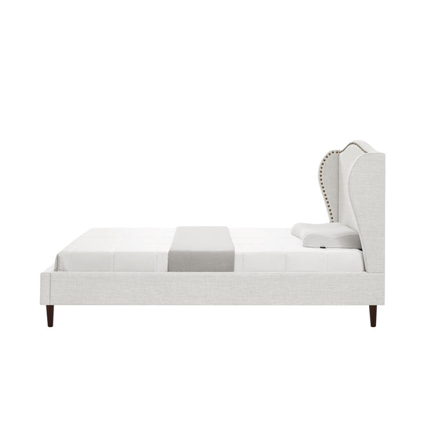 HomeRoots Cream Linen Upholstered Full Bed Frame with Elegant Nailhead Trim - Stylish Comfort & Durability 544944