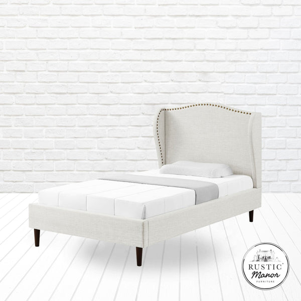 HomeRoots Cream Linen Upholstered Full Bed Frame with Elegant Nailhead Trim - Stylish Comfort & Durability 544944
