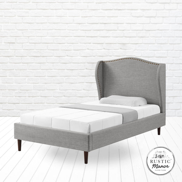 HomeRoots Gray Linen Upholstered Full Bed Frame with Nailhead Trim - Elegant Style, Comfort, and Durability 544945