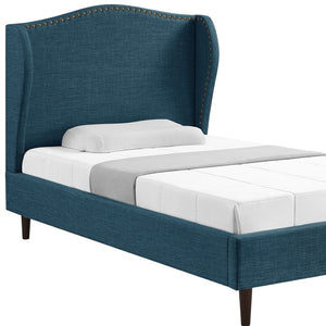 HomeRoots Navy Blue Linen Upholstered Full Bed Frame with Nailhead Trim - Stylish, Durable, Cozy Design! 544946