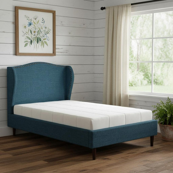 HomeRoots Navy Blue Linen Upholstered Full Bed Frame with Nailhead Trim - Stylish, Durable, Cozy Design! 544946