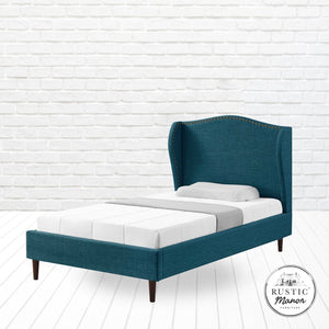 HomeRoots Navy Blue Linen Upholstered Full Bed Frame with Nailhead Trim - Stylish, Durable, Cozy Design! 544946