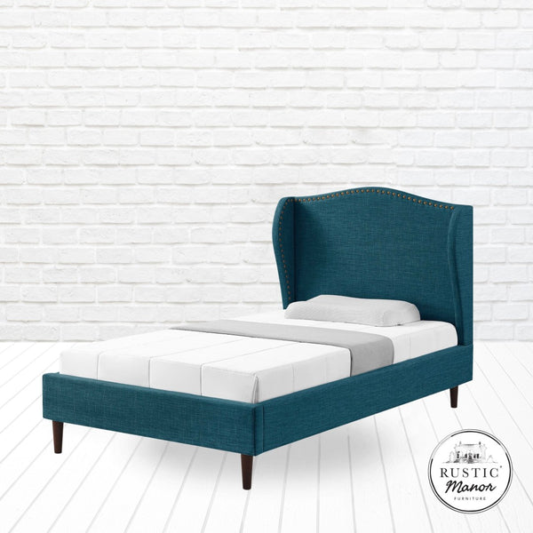 HomeRoots Navy Blue Linen Upholstered Full Bed Frame with Nailhead Trim - Stylish, Durable, Cozy Design! 544946