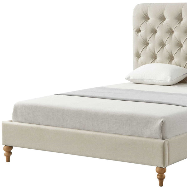 Homeroots Beige Solid Wood King Tufted Upholstered Linen Bed With Nailhead Trim Beige Linen 544947
