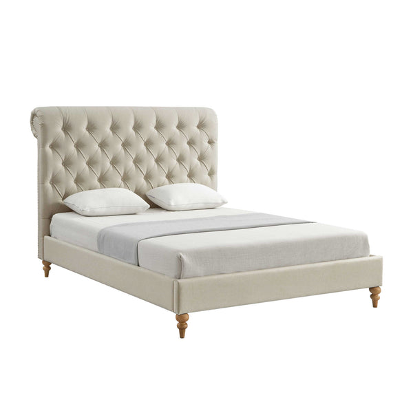 Homeroots Beige Solid Wood King Tufted Upholstered Linen Bed With Nailhead Trim Beige Linen 544947