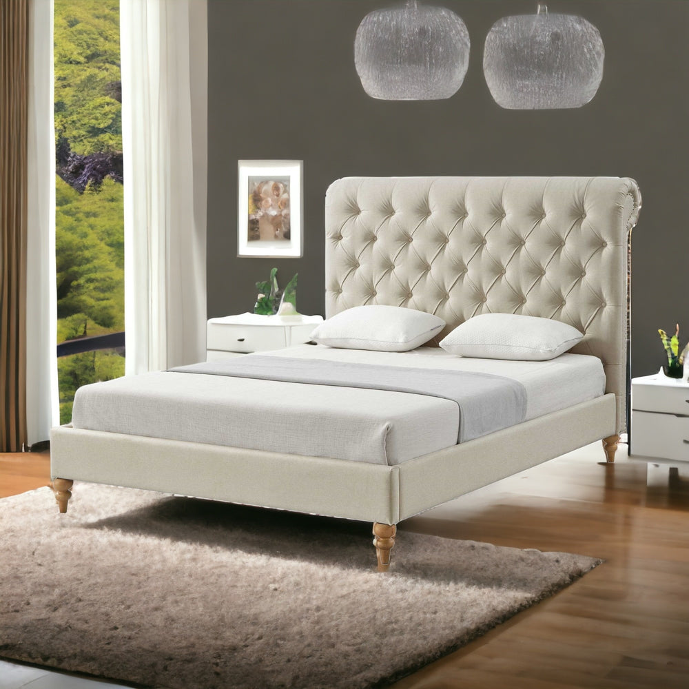 Homeroots Beige Solid Wood King Tufted Upholstered Linen Bed With Nailhead Trim Beige Linen 544947