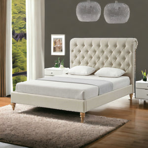 Homeroots Beige Solid Wood King Tufted Upholstered Linen Bed With Nailhead Trim Beige Linen 544947