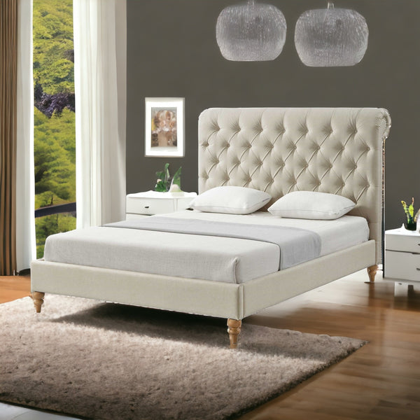 Homeroots Beige Solid Wood King Tufted Upholstered Linen Bed With Nailhead Trim Beige Linen 544947