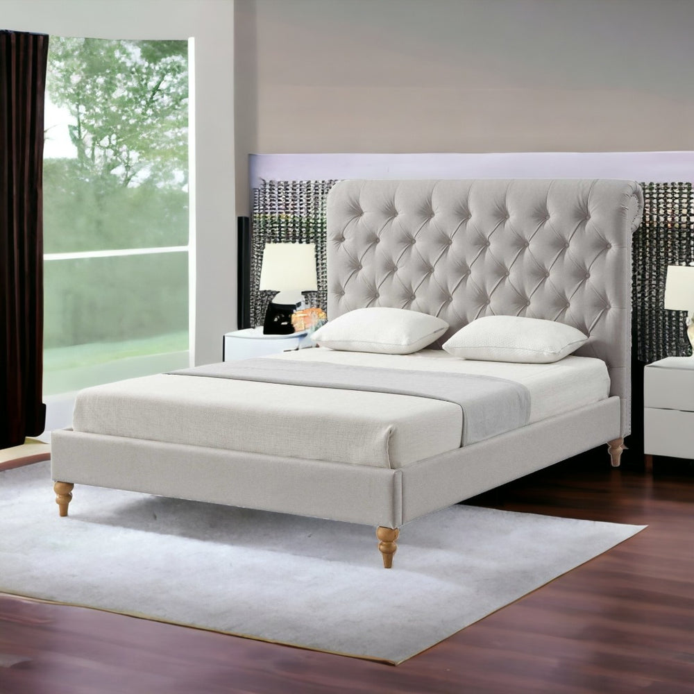 HomeRoots Beige Elegant Queen Upholstered Linen Bed with Button Tufting and Classic Nailhead Trim Design Grey 544948