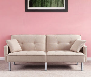 Homeroots 85" Beige Polyester Blend Convertible Futon Sleeper Sofa And Toss Pillows With Silver Legs   544952