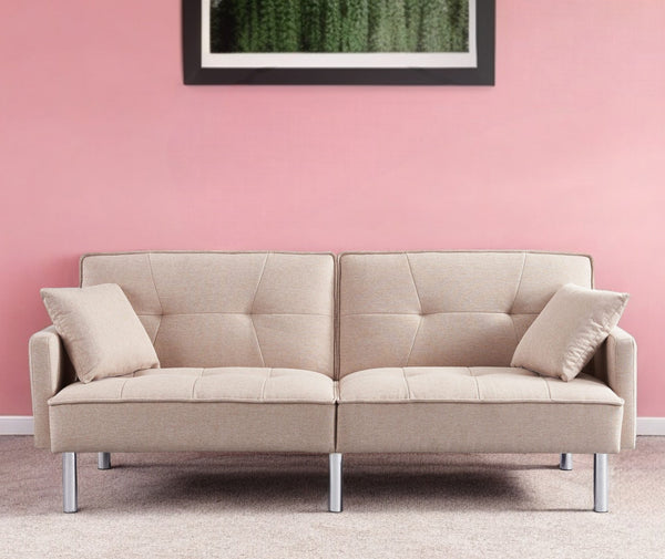 Homeroots 85" Beige Polyester Blend Convertible Futon Sleeper Sofa And Toss Pillows With Silver Legs   544952