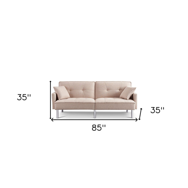 Homeroots 85" Beige Polyester Blend Convertible Futon Sleeper Sofa And Toss Pillows With Silver Legs   544952