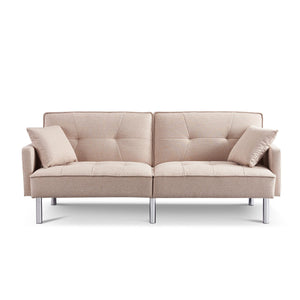 Homeroots 85" Beige Polyester Blend Convertible Futon Sleeper Sofa And Toss Pillows With Silver Legs   544952
