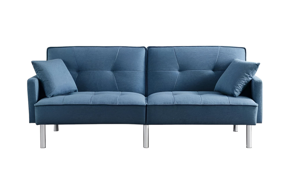 Homeroots 85" Blue Polyester Blend Convertible Futon Sleeper Sofa And Toss Pillows With Silver Legs   544953